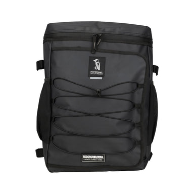 The Kookaburra Elite Hockey Rucksack 2026 is a black, rectangular backpack with front bungee cord detail, side pockets, laptop sleeve, and Kookaburra logos, shown against a white background.