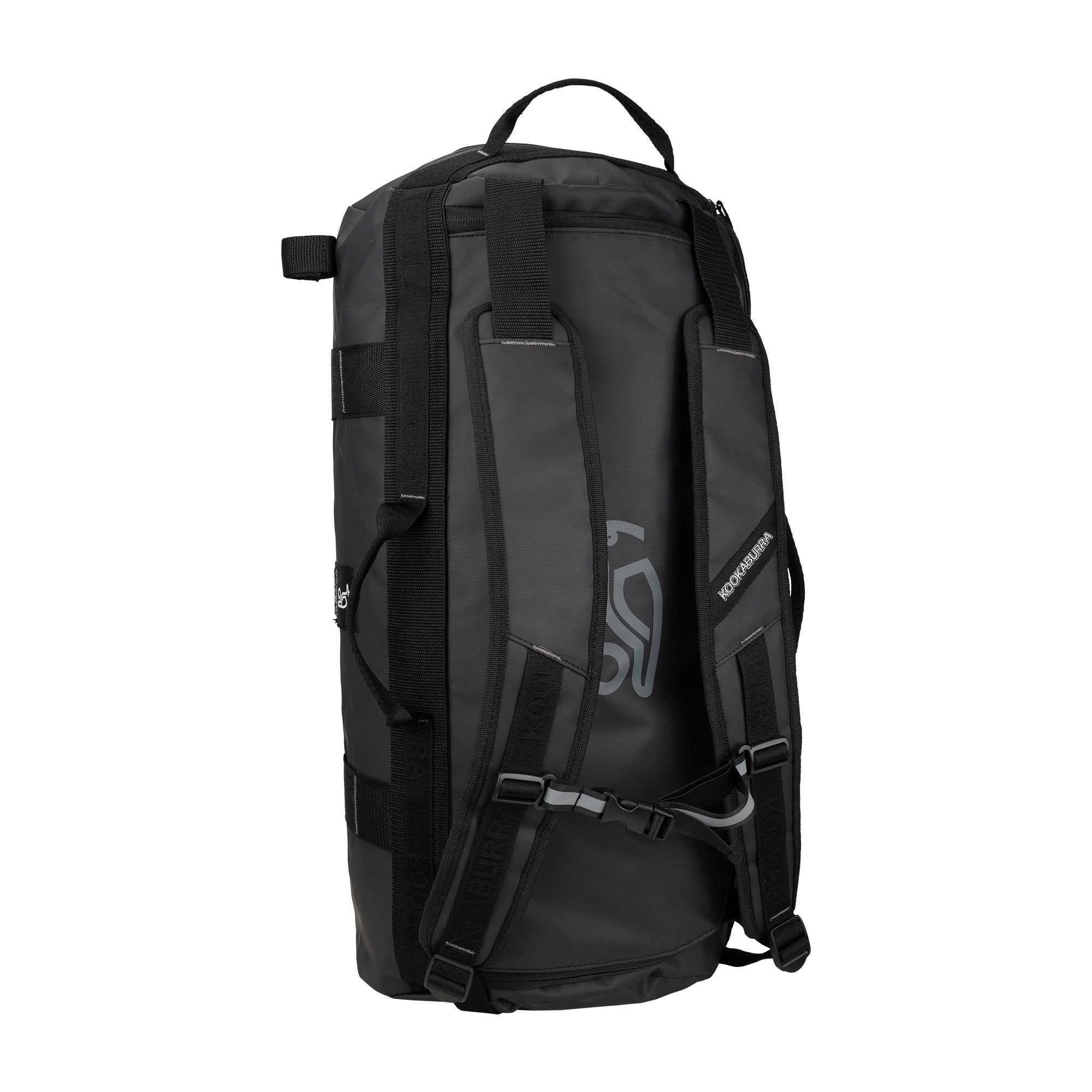 The Kookaburra Pro Switch Holdall by Kookaburra is a black and gray tarpaulin multi-purpose bag with backpack straps, a side handle, and a printed logo, shown upright against a white background.