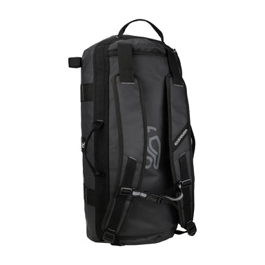 The Kookaburra Pro Switch Holdall by Kookaburra is a black and gray tarpaulin multi-purpose bag with backpack straps, a side handle, and a printed logo, shown upright against a white background.