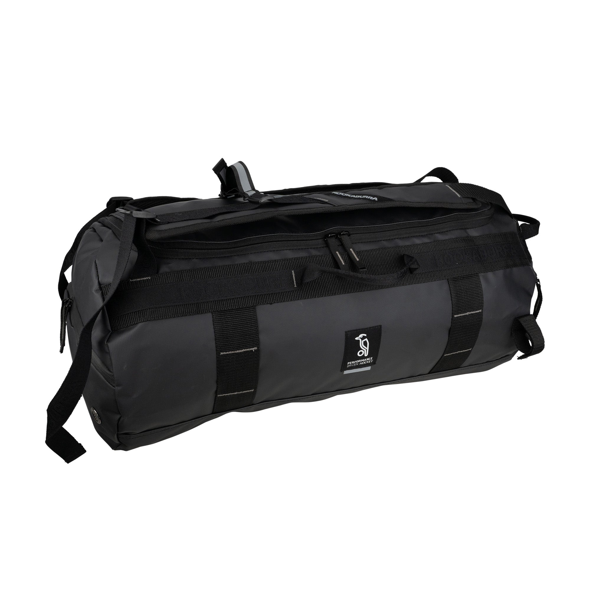 The Kookaburra Pro Switch Holdall by Kookaburra is a large black multi-purpose bag with straps, handles, a front logo patch, and zippered main compartment, crafted from heavy-duty tarpaulin and shown against a white background.
