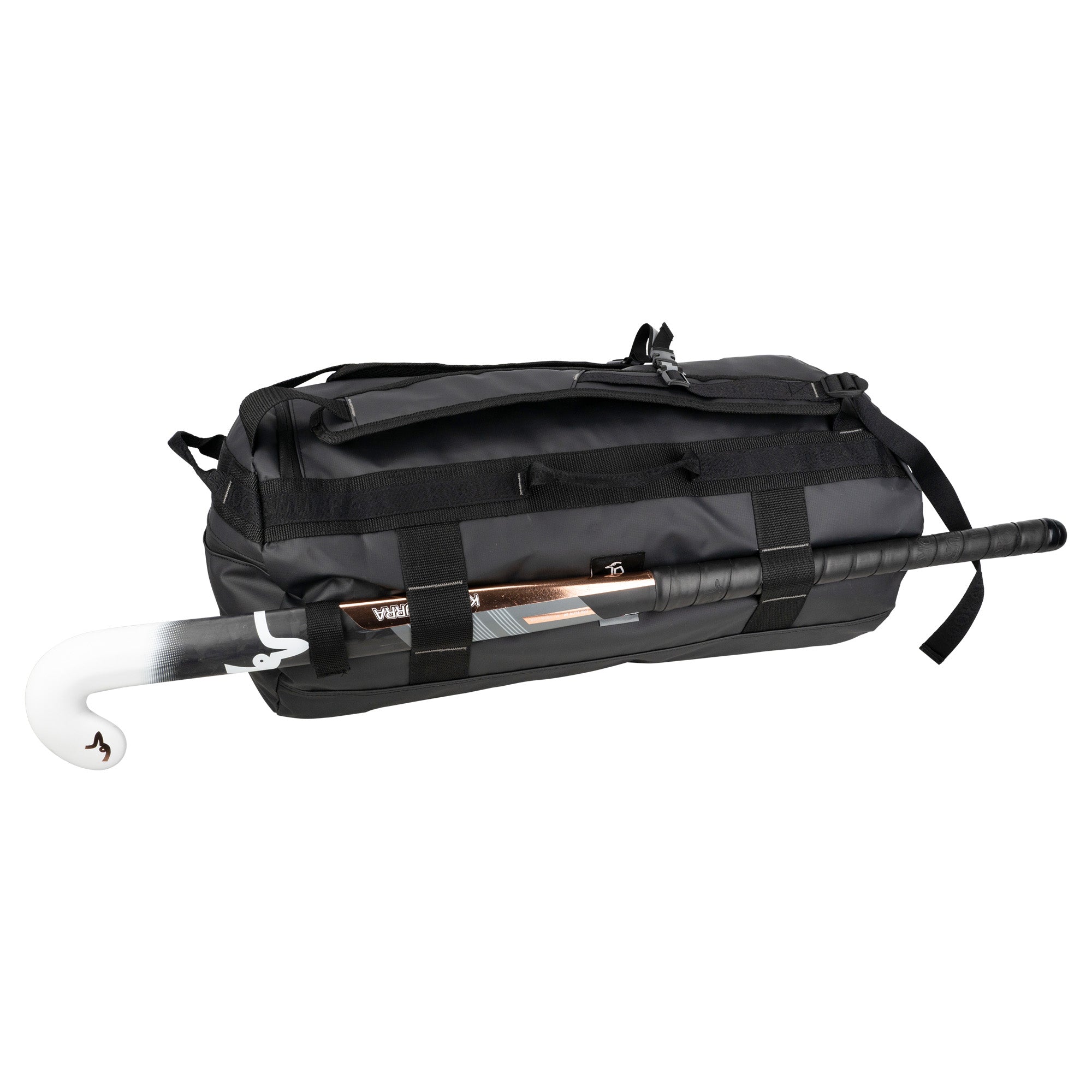 The Kookaburra Pro Switch Holdall by Kookaburra is a black heavy-duty tarpaulin bag designed for multiple uses, shown with a hockey stick partially inserted in the side pocket, with its handle and white curved blade visible.