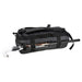The Kookaburra Pro Switch Holdall by Kookaburra is a black heavy-duty tarpaulin bag designed for multiple uses, shown with a hockey stick partially inserted in the side pocket, with its handle and white curved blade visible.