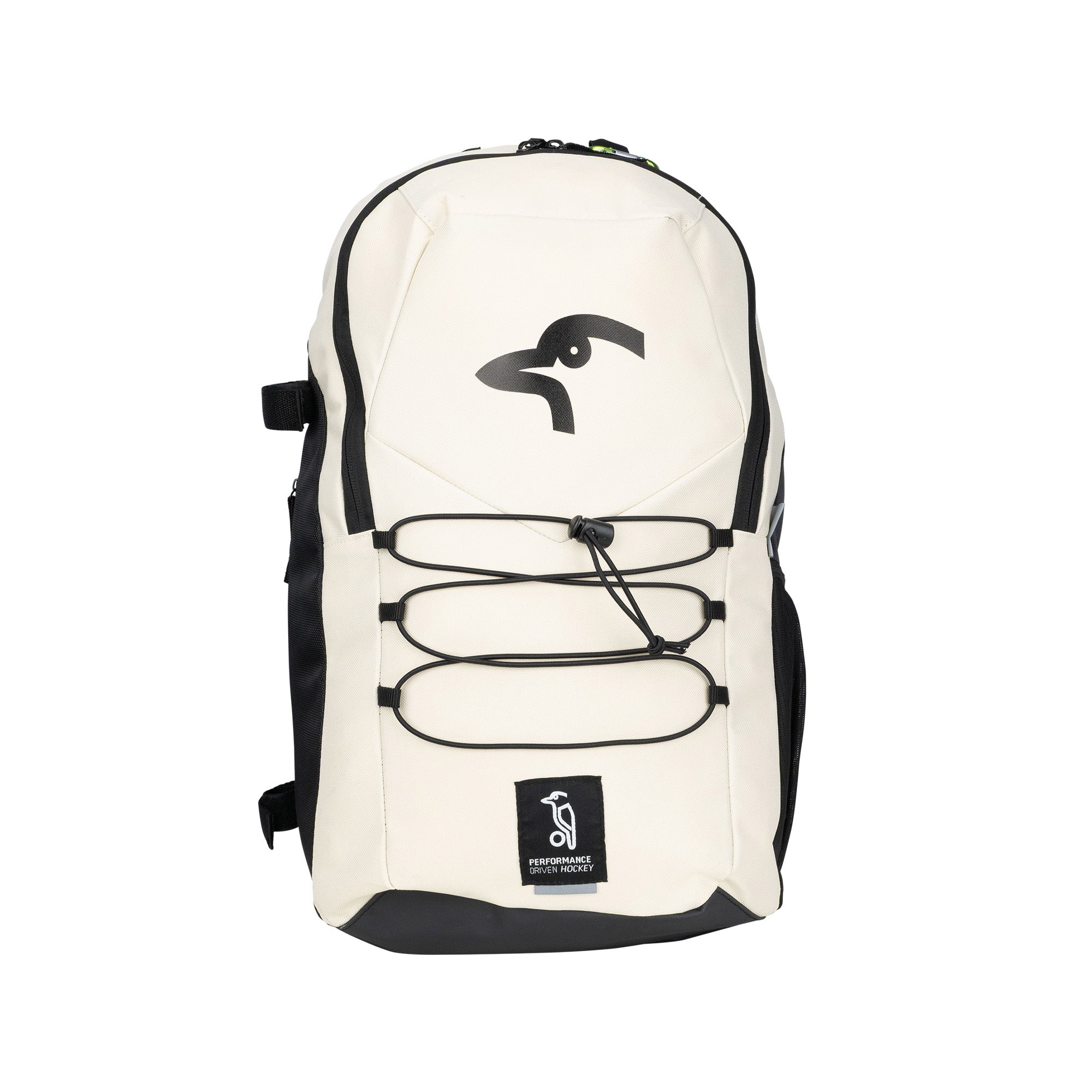 The Kookaburra Edge Rucksack 2026 by Kookaburra features a cream and black design with side panels, front elastic cords, a penguin logo, "PENGUIN PROJECT" patch, ergonomic build, padded laptop sleeve—all set against a white background.