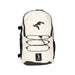 The Kookaburra Edge Rucksack 2026 by Kookaburra features a cream and black design with side panels, front elastic cords, a penguin logo, "PENGUIN PROJECT" patch, ergonomic build, padded laptop sleeve—all set against a white background.