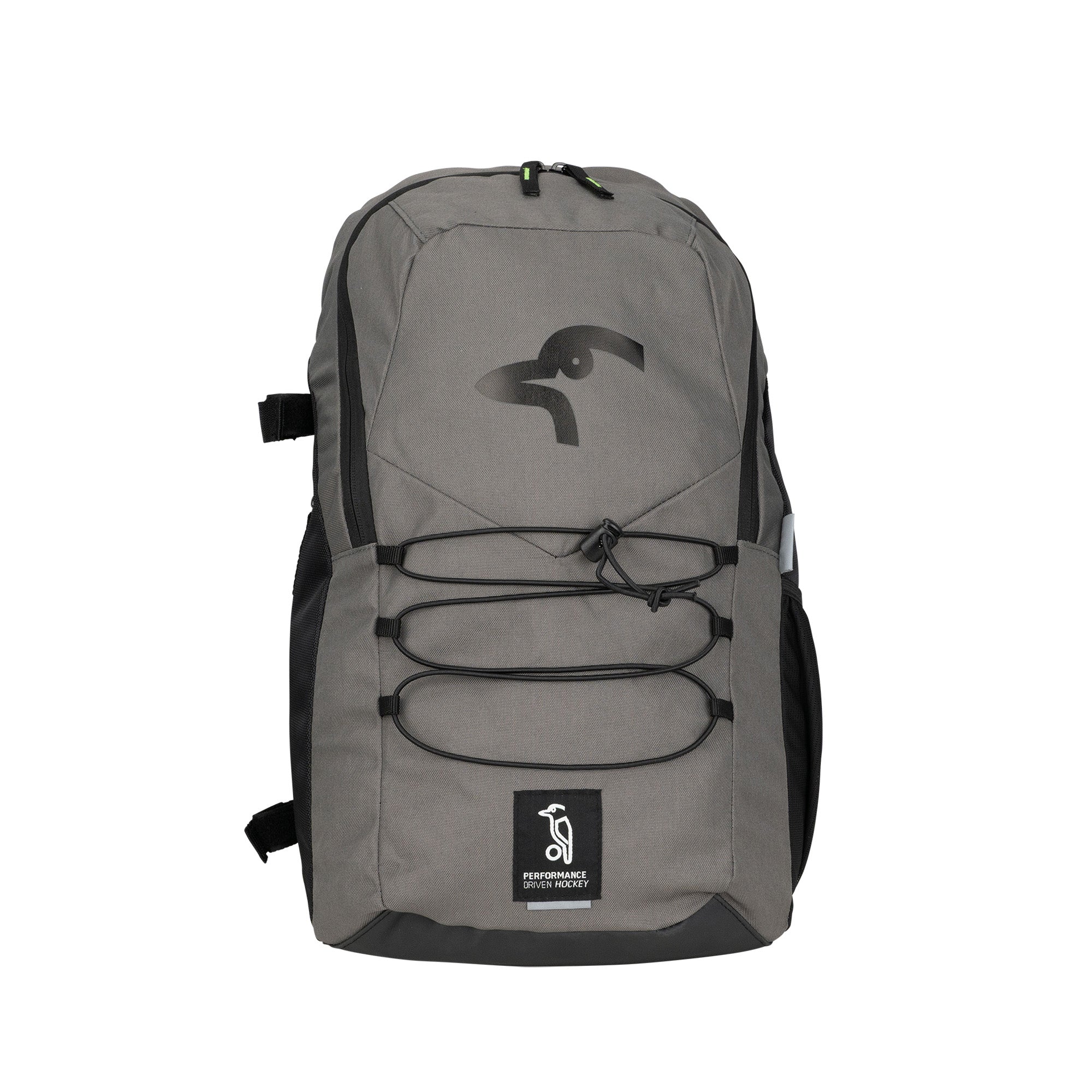 The Kookaburra Edge Rucksack 2026 by Kookaburra is a gray and black bag with a penguin logo, front bungee cords, top zipper, side pockets, ergonomic design, and padded laptop sleeve, shown on a plain white background.