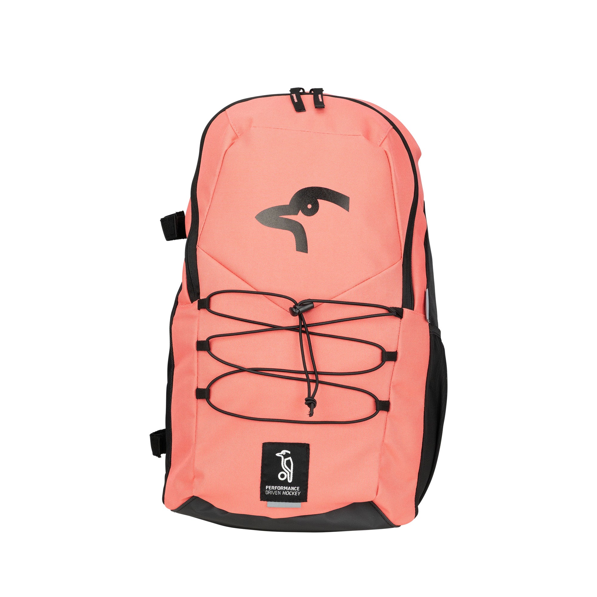 The Kookaburra Edge Rucksack 2026 by Kookaburra features coral pink and black colors, a black stylized bird logo, ergonomic design, black zipper, elastic cord on the front pocket, and a PERFORMANCE label at the bottom.