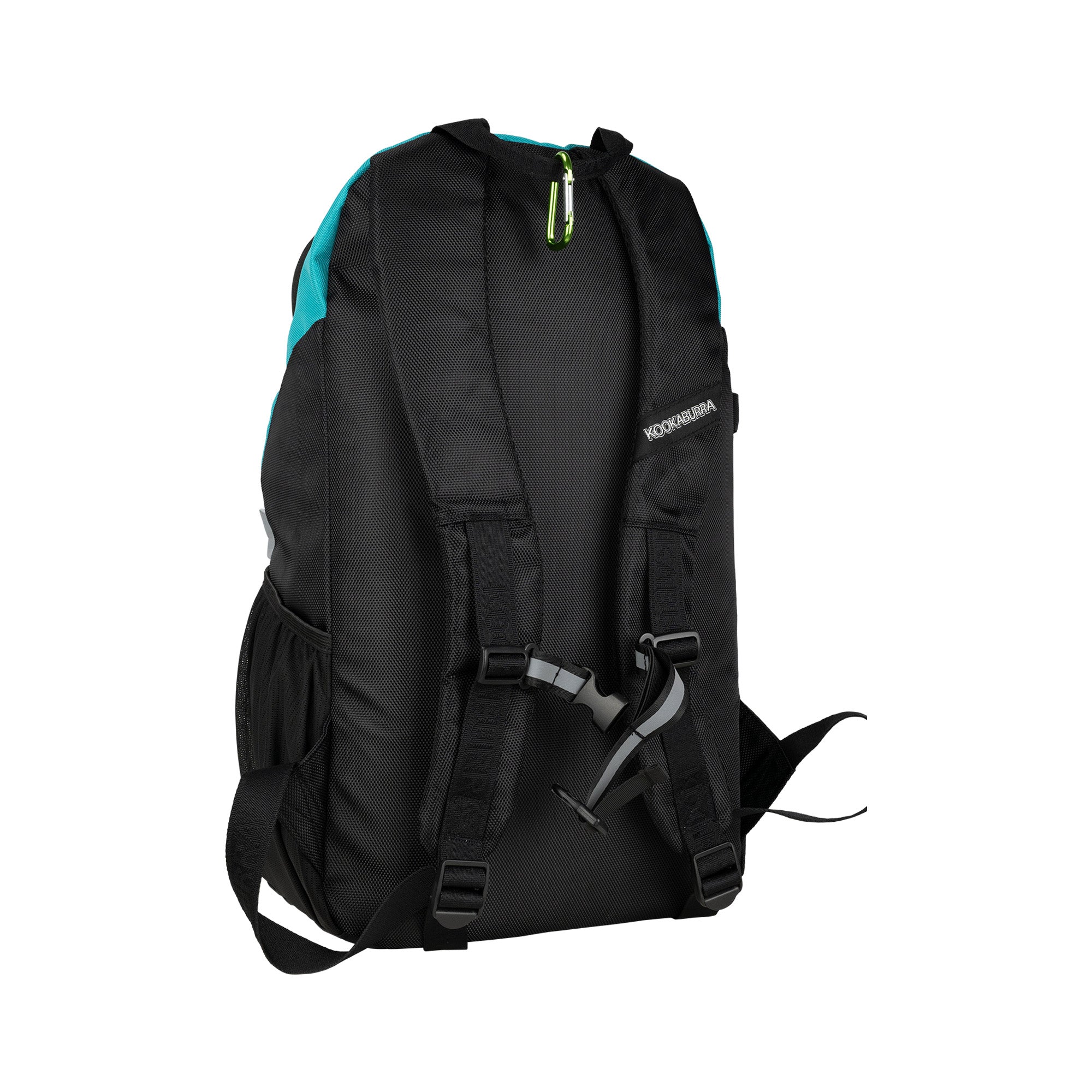 The Kookaburra Edge Rucksack 2026 is shown from the back in black with teal accents, featuring ergonomic design, two padded shoulder straps (one with the Kookaburra logo), chest buckle, side pocket, and padded laptop sleeve.