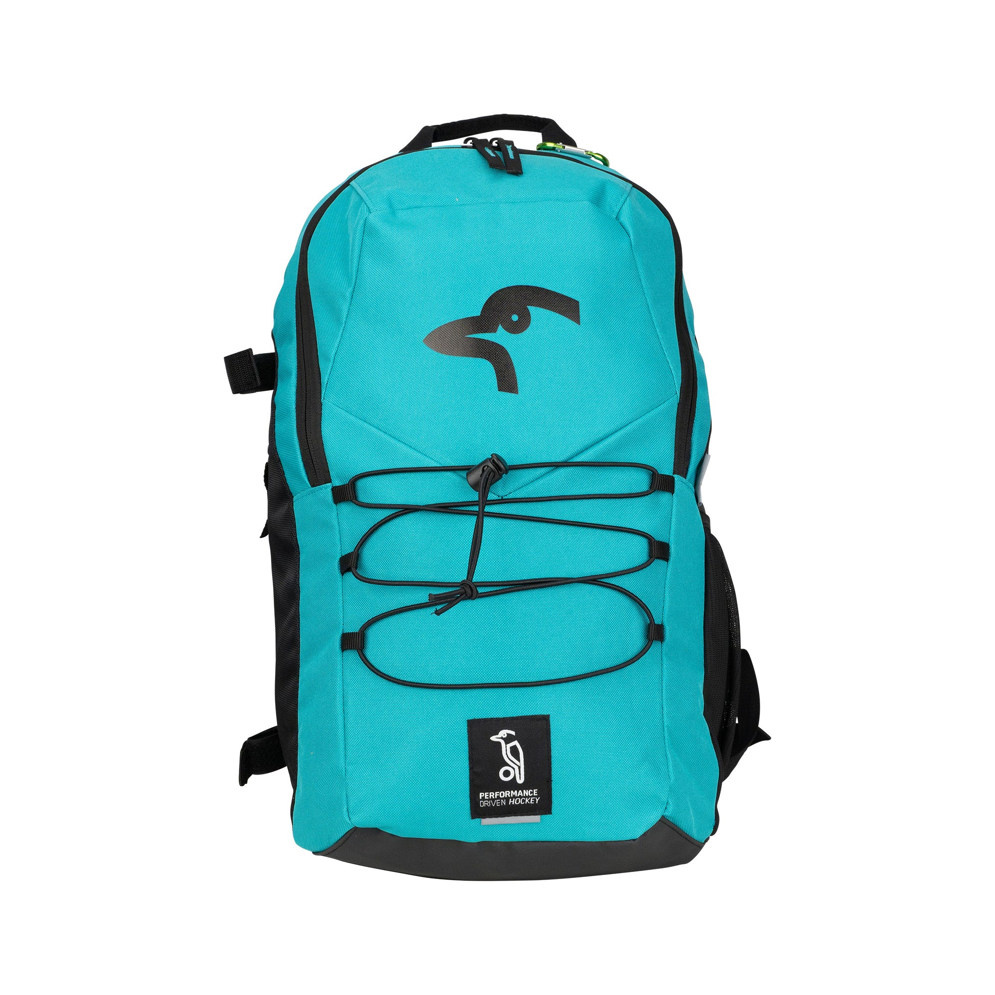 The Kookaburra Edge Rucksack 2026 by Kookaburra is teal and black with a black bird logo, black zippers, a front elastic cord, ergonomic design, and a small penguin logo near the bottom. Shown against a plain white background.