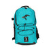The Kookaburra Edge Rucksack 2026 by Kookaburra is teal and black with a black bird logo, black zippers, a front elastic cord, ergonomic design, and a small penguin logo near the bottom. Shown against a plain white background.