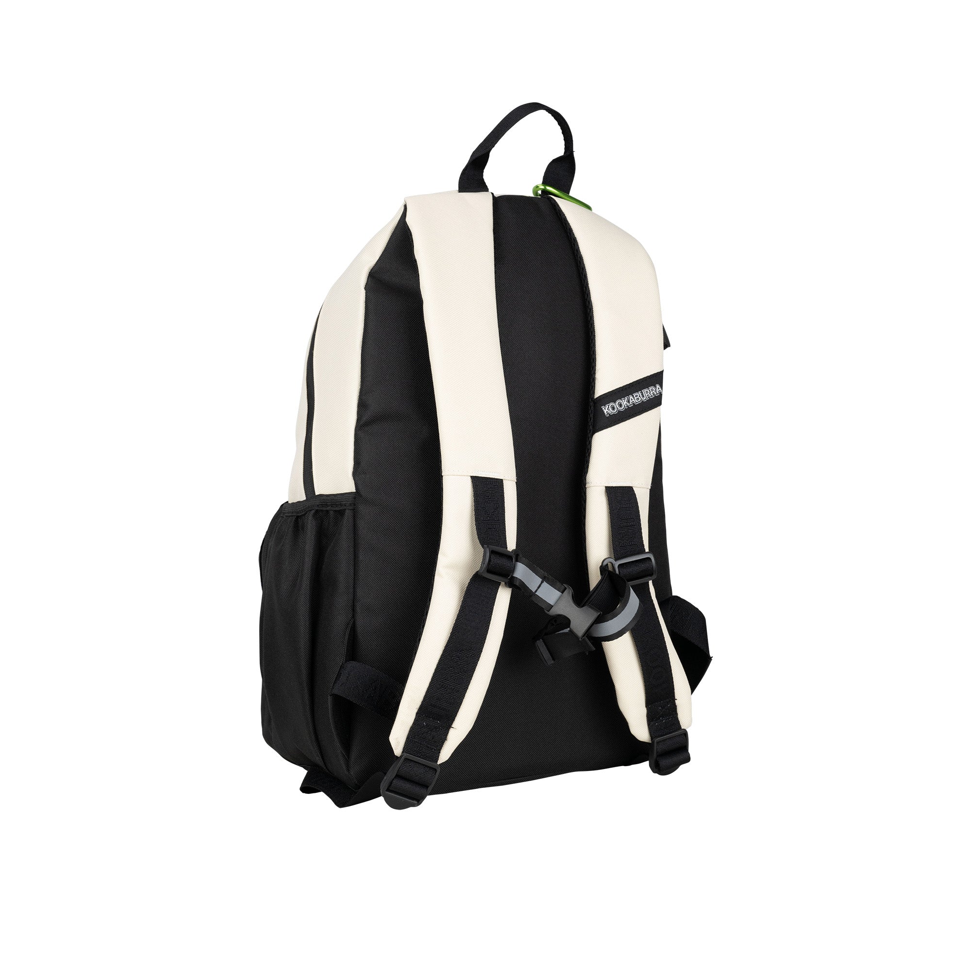 The Kookaburra Flow Rucksack 2026 by Kookaburra is a black and white bag with adjustable padded shoulder straps, side pockets, external stick fasteners, and a small black logo label on the back, shown against a white background.