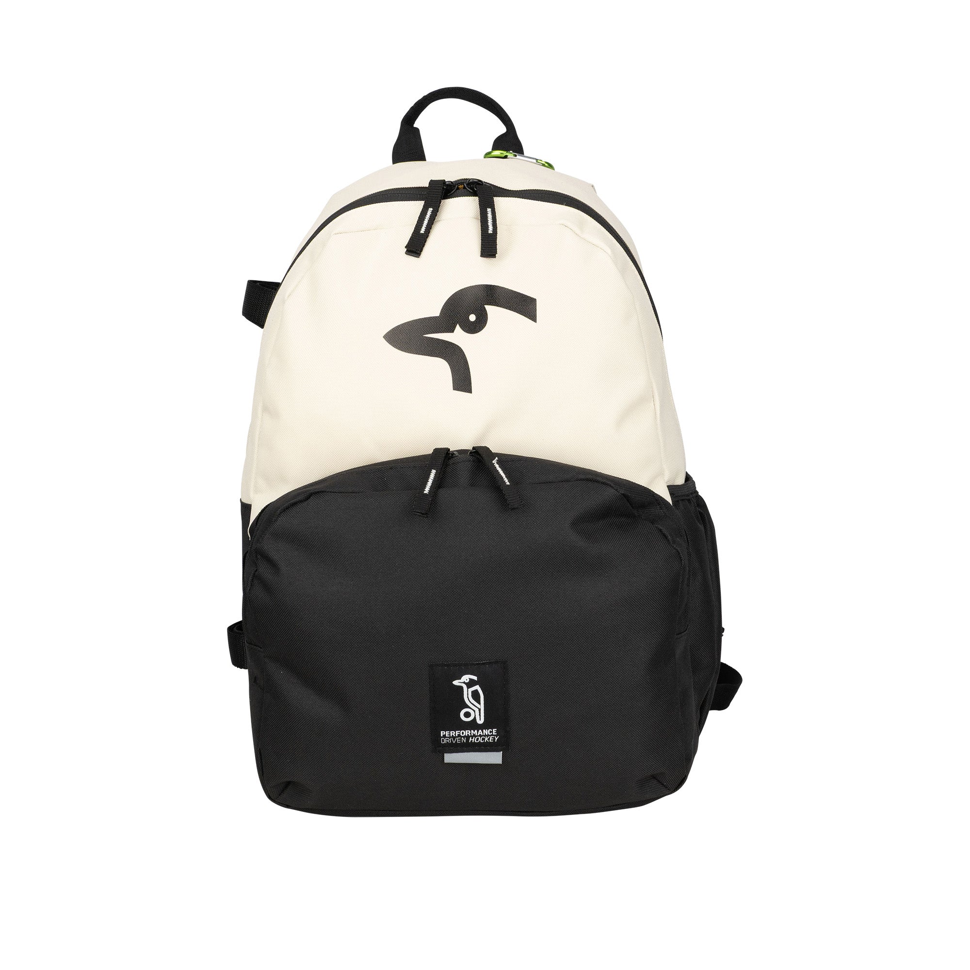 The Kookaburra Flow Rucksack 2026 by Kookaburra is a black and white functional backpack featuring adjustable straps, a large front pocket, a stylized penguin logo on top, and a small rectangular penguin patch on the lower pocket.