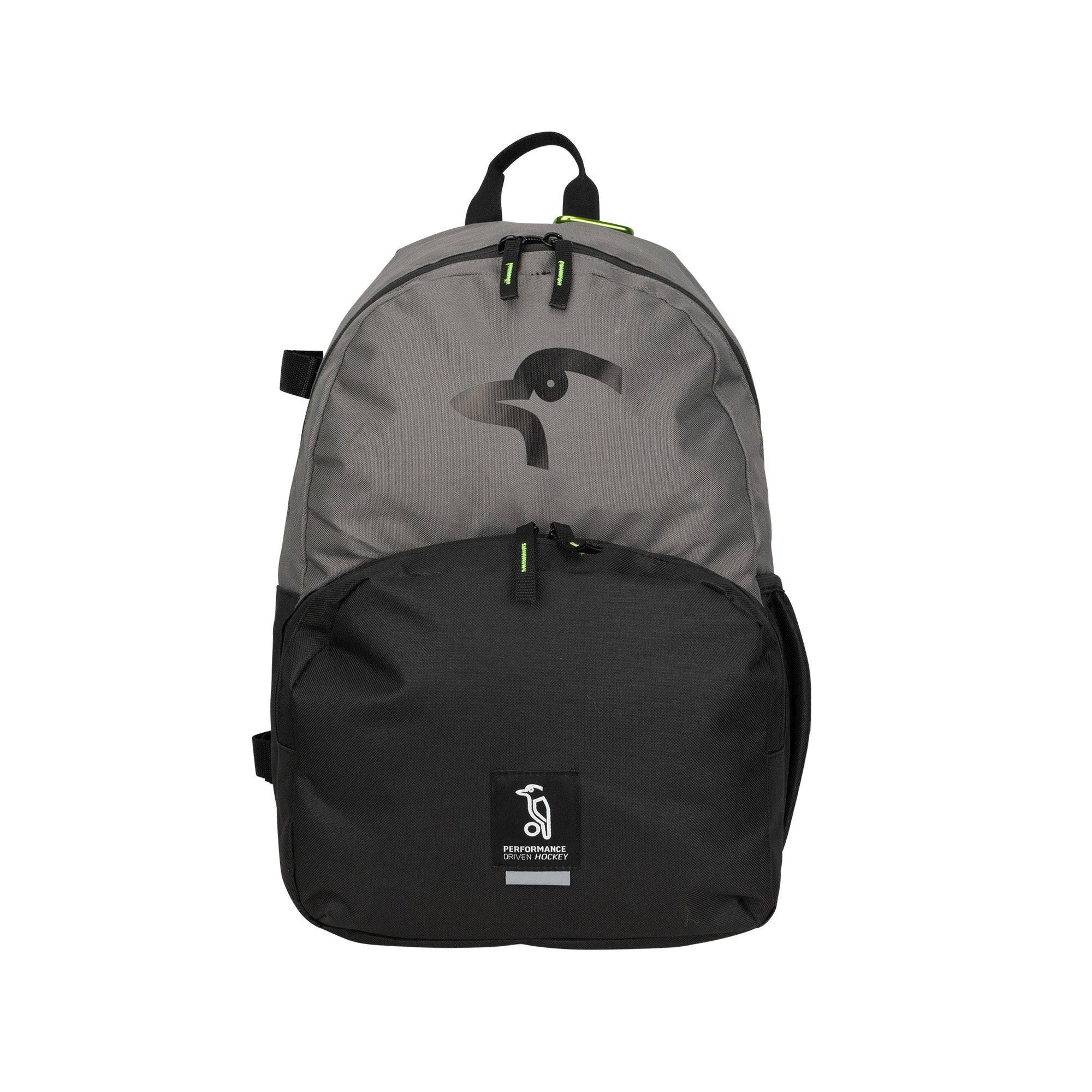 The Kookaburra Flow Rucksack 2026 by Kookaburra features a two-tone design with a gray upper and black lower, adjustable shoulder straps, a stylized bird logo on the front, and a rectangular penguin patch near the bottom pocket.