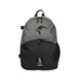 The Kookaburra Flow Rucksack 2026 by Kookaburra features a two-tone design with a gray upper and black lower, adjustable shoulder straps, a stylized bird logo on the front, and a rectangular penguin patch near the bottom pocket.