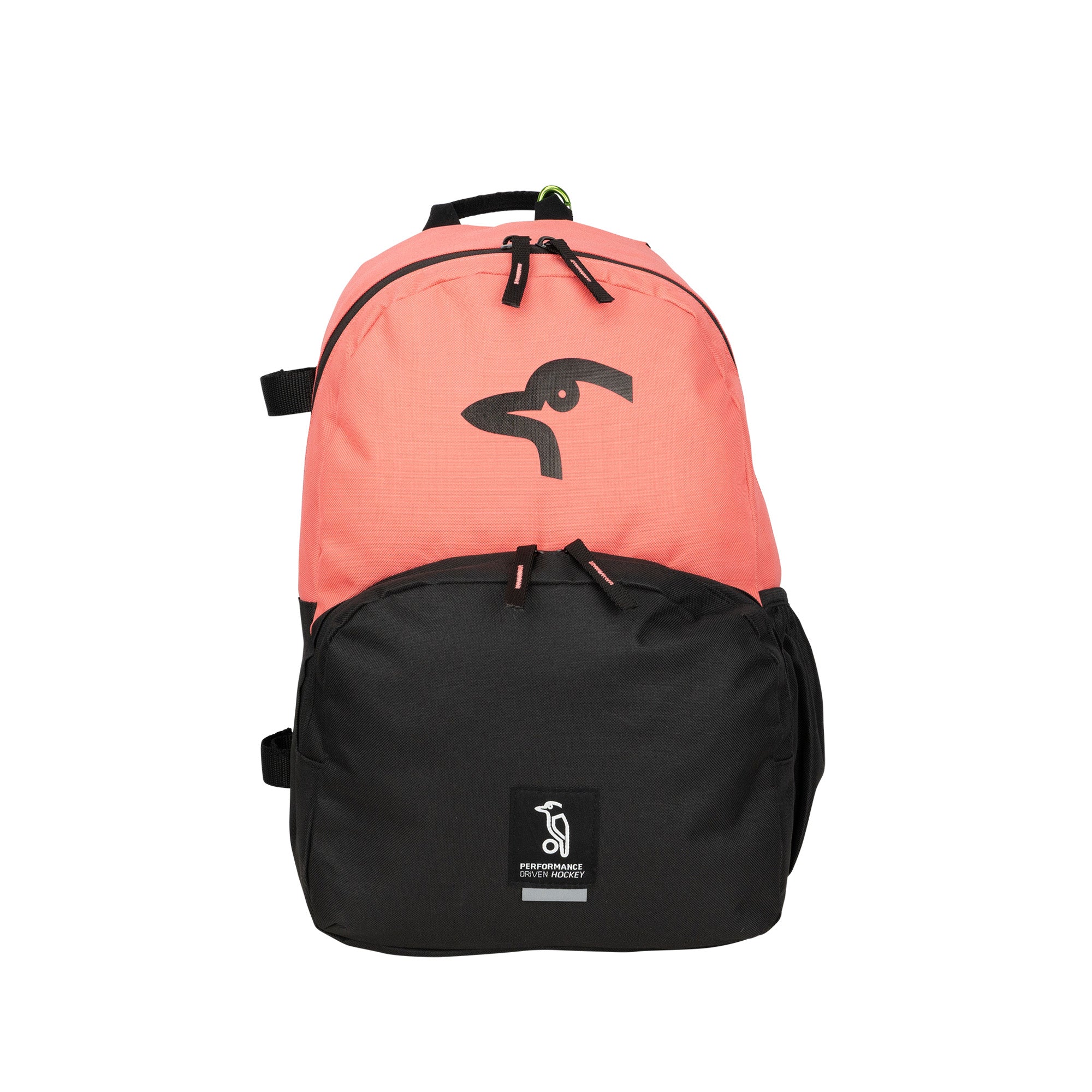 The Kookaburra Flow Rucksack 2026 by Kookaburra features a coral pink upper, black lower section, adjustable shoulder straps, a large black bird logo on the top pocket, and a small penguin logo patch on the bottom pocket.