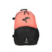 The Kookaburra Flow Rucksack 2026 by Kookaburra features a coral pink upper, black lower section, adjustable shoulder straps, a large black bird logo on the top pocket, and a small penguin logo patch on the bottom pocket.