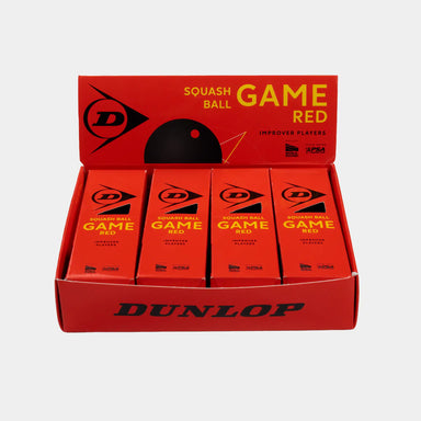 A display box of Dunlop Game Red Squash Ball (4 x 3 Ball Box) packs for improver players, featuring six upright red boxes with the Dunlop branding. This higher bounce squash ball from Dunlop is specifically designed to help improving players enhance their game.