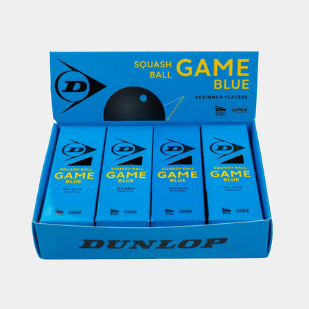 A blue Dunlop box containing four packs of Dunlop Game Blue Squash Ball (4 x 3 Ball Box) features bold yellow and white text on the packaging. This set from Dunlop is perfect as a junior squash ball or beginner squash ball, offering excellent performance for players new to the game.