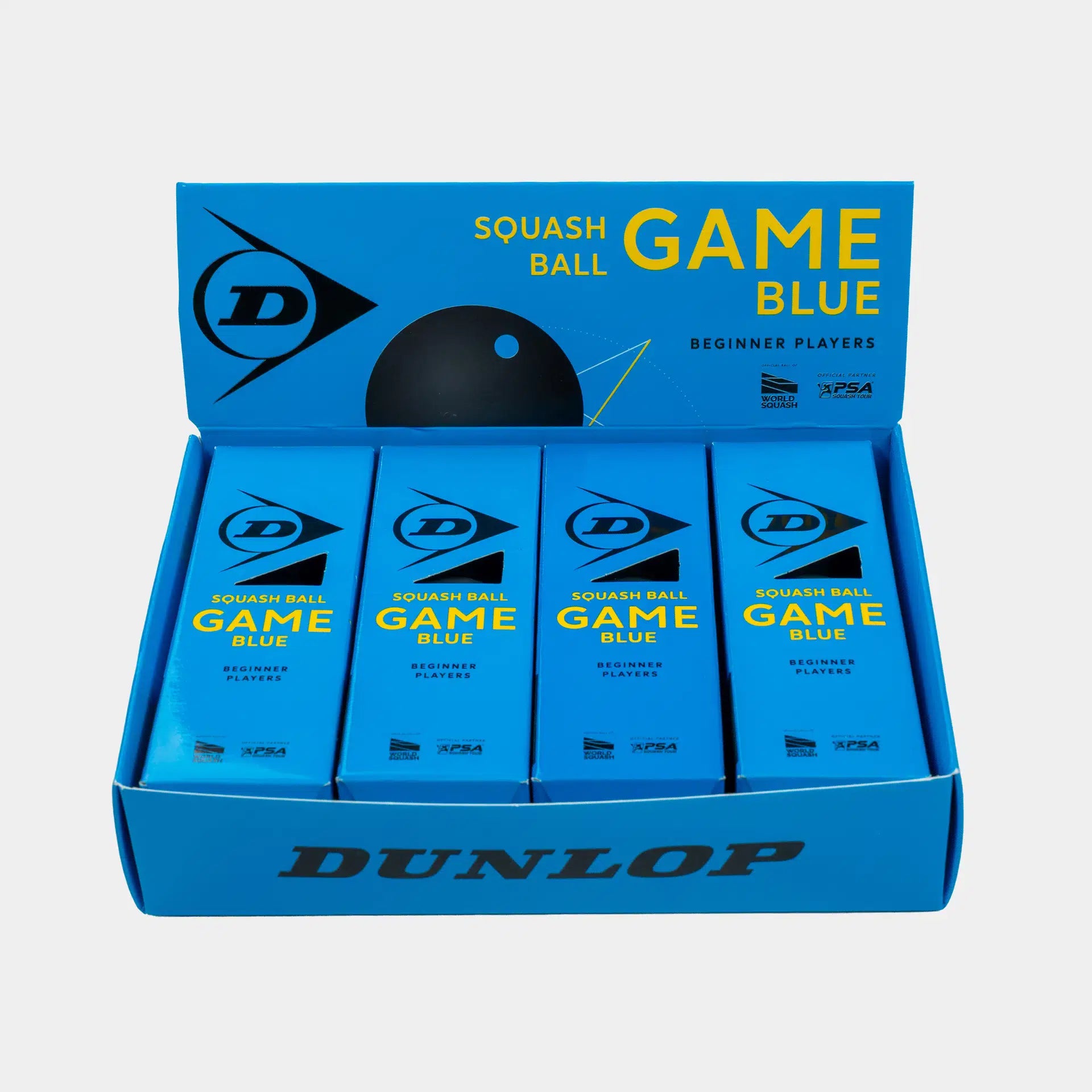 A blue Dunlop box containing four packs of Dunlop Game Blue Squash Ball (4 x 3 Ball Box) features bold yellow and white text on the packaging. This set from Dunlop is perfect as a junior squash ball or beginner squash ball, offering excellent performance for players new to the game.