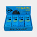 A blue Dunlop box containing four packs of Dunlop Game Blue Squash Ball (4 x 3 Ball Box) features bold yellow and white text on the packaging. This set from Dunlop is perfect as a junior squash ball or beginner squash ball, offering excellent performance for players new to the game.