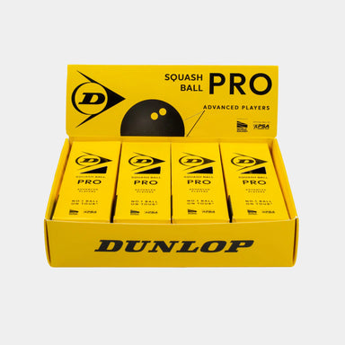 An open yellow Dunlop Pro Squash Ball (4 x 3 Ball Box) is shown, revealing four individual yellow packages inside—each containing low bounce squash balls for advanced players and featuring bold black Dunlop branding and text.