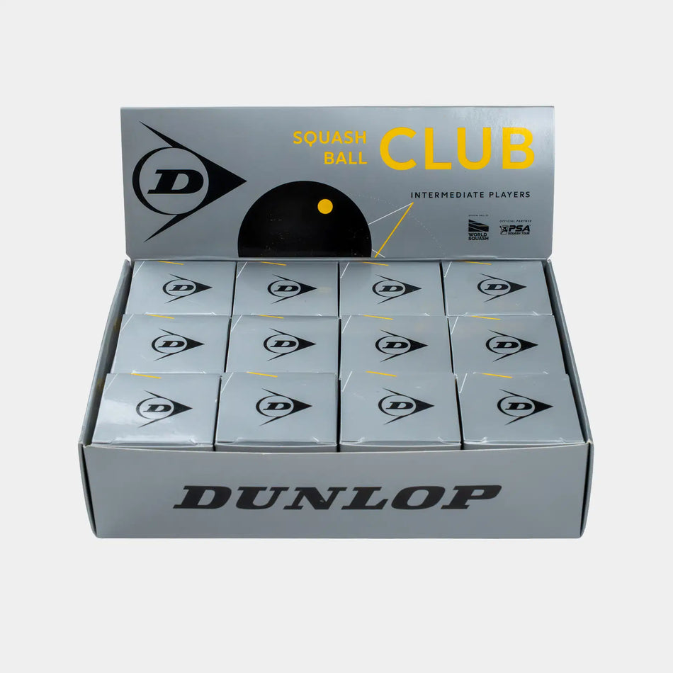 A display box of Dunlop Club Squash Ball (12 x 1 Ball Box) from Dunlop, designed for intermediate players, containing twelve individually boxed balls—each with the Dunlop logo—set against a light gray background. Perfect for club-level squash league matches, these balls provide consistent and reliable performance to enhance your game.
