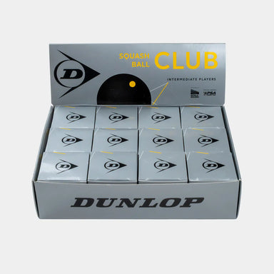 A display box of Dunlop Club Squash Ball (12 x 1 Ball Box) from Dunlop, designed for intermediate players, containing twelve individually boxed balls—each with the Dunlop logo—set against a light gray background. Perfect for club-level squash league matches, these balls provide consistent and reliable performance to enhance your game.