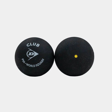 Set against a white background, two black Dunlop Club Squash Balls are shown—one with the Dunlop Club Squash Ball logo and PSA World Squash branding, the other featuring a single yellow dot. Perfect for club-level league matches, these balls deliver consistent bounce and reliable performance. Available as Dunlop Club Squash Ball (12 x 1 Ball Box).