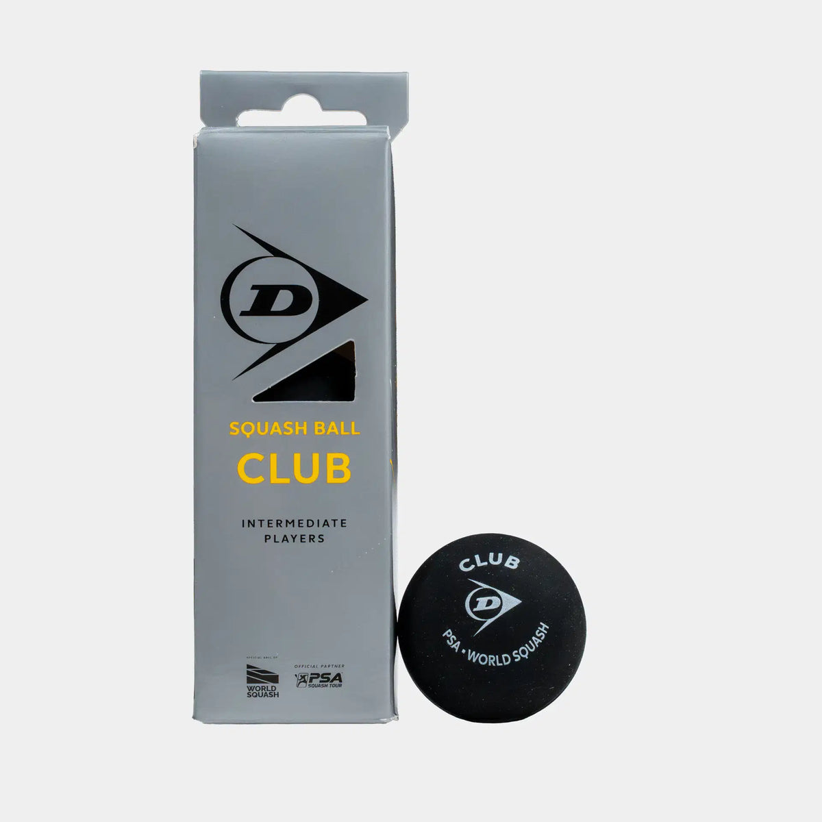A gray box labeled “Dunlop Club Squash Ball (4 x 3 Ball Box)” stands next to a black Dunlop Club squash ball marked “Club PSA World Squash.” Both display the Dunlop logo and text indicating they are designed for intermediate players, making them ideal for club league matches—all set against a plain white background.