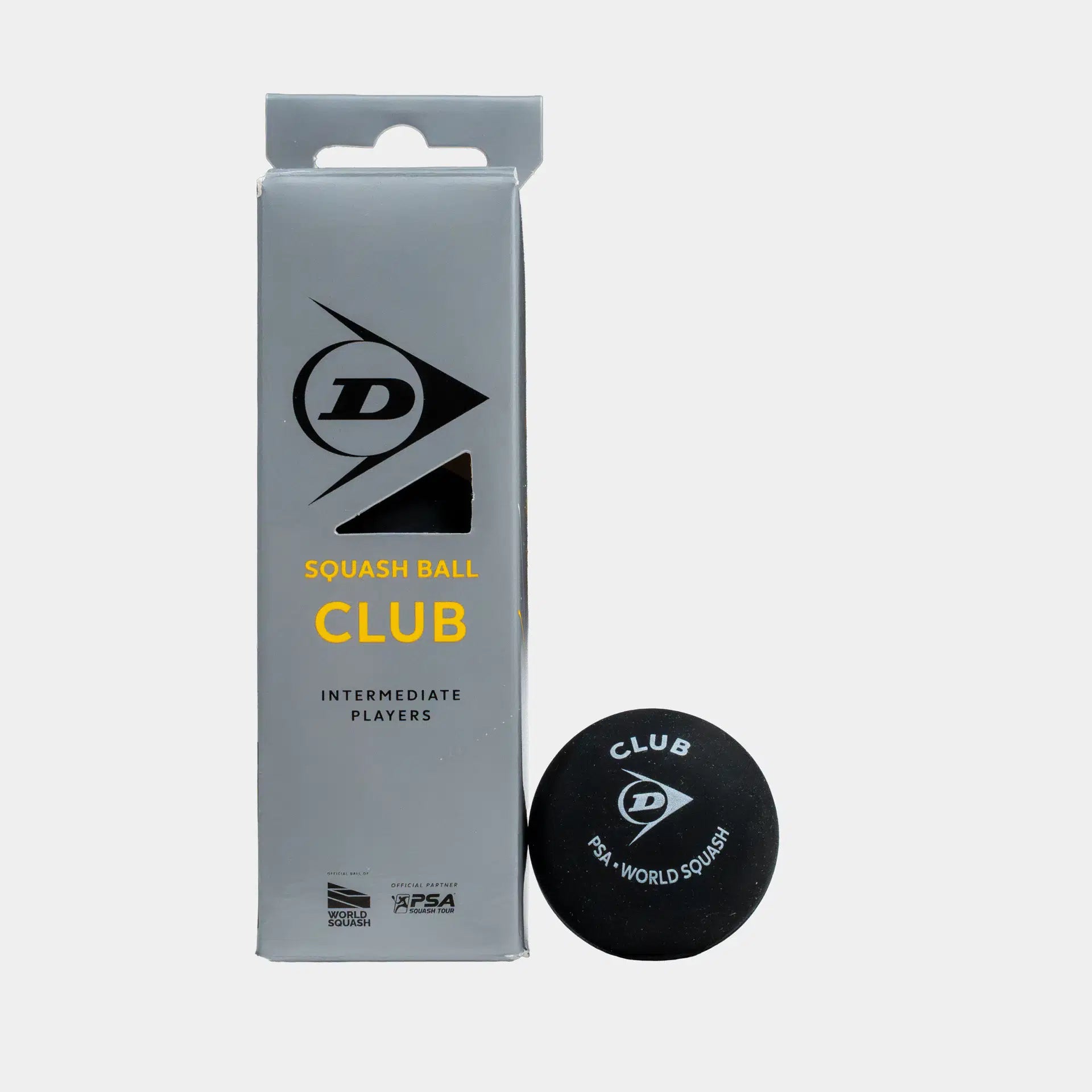 A gray box labeled “Dunlop Club Squash Ball (4 x 3 Ball Box)” stands next to a black Dunlop Club squash ball marked “Club PSA World Squash.” Both display the Dunlop logo and text indicating they are designed for intermediate players, making them ideal for club league matches—all set against a plain white background.