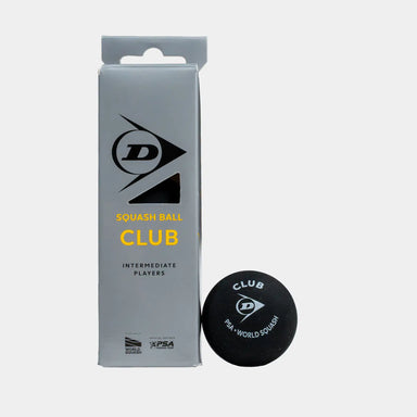 A gray box labeled “Dunlop Club Squash Ball (4 x 3 Ball Box)” stands next to a black Dunlop Club squash ball marked “Club PSA World Squash.” Both display the Dunlop logo and text indicating they are designed for intermediate players, making them ideal for club league matches—all set against a plain white background.