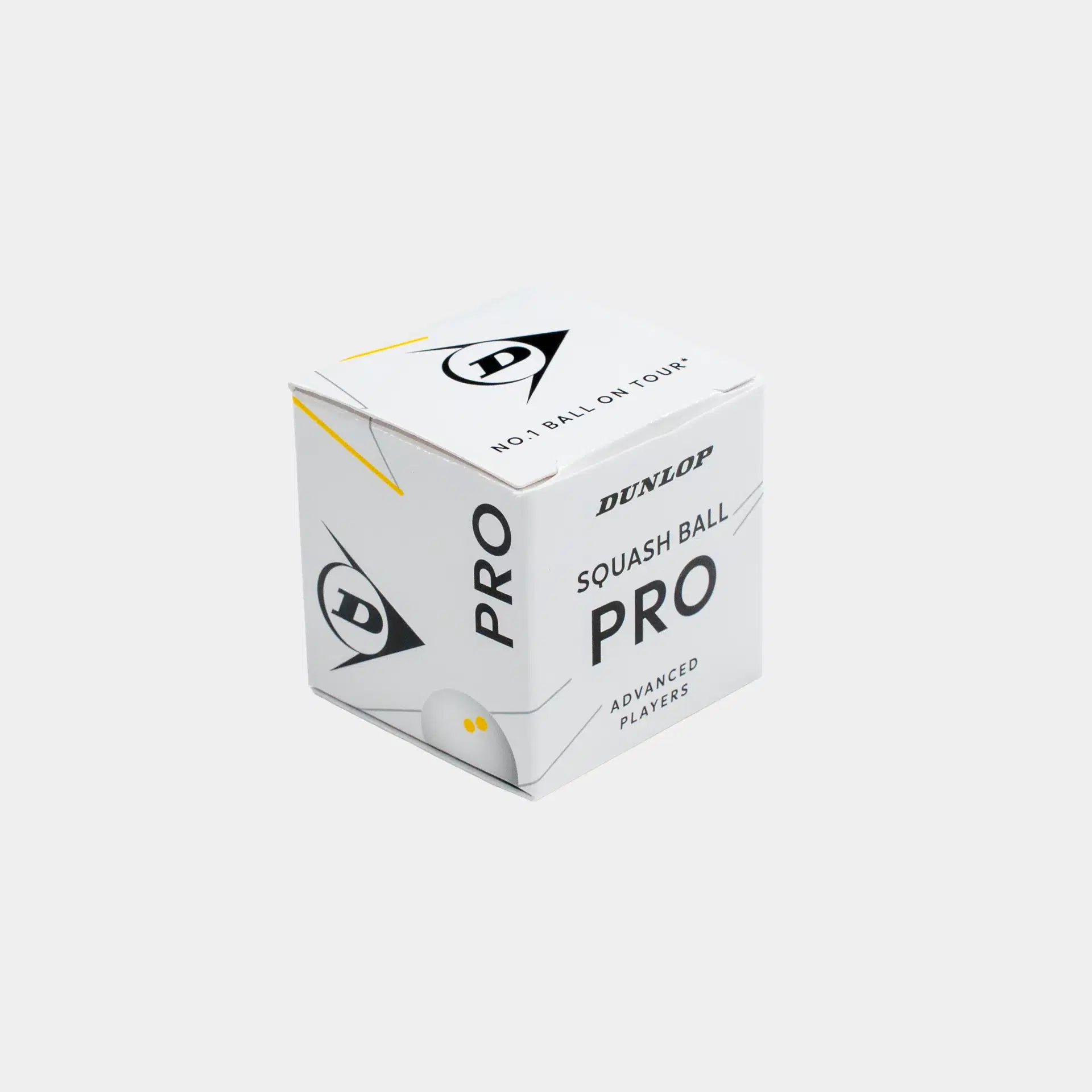 A plain gray background showcases a white box labeled “Dunlop Pro White Squash Ball (12 x 1 Ball Box)” by Dunlop, featuring black and yellow accents and the Dunlop logo. Designed for advanced players, this low bounce squash ball is ideal for use on a glass court.