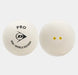 Two white squash balls from Dunlop’s Pro White Squash Ball (12 x 1 Ball Box) are shown. One features the Dunlop PRO PSA World Squash logo, while the other displays two small yellow dots, indicating it is a low bounce option. Both balls are placed against a plain white background, making them ideal for professional glass court play.