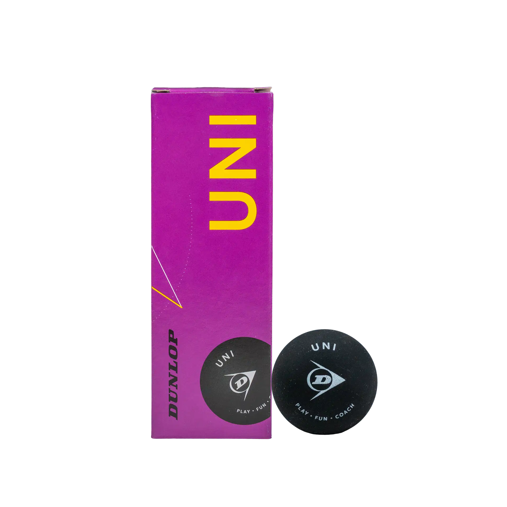 A purple box of Dunlop Uni Squash Balls (3 Ball Box) stands upright next to a black Dunlop Uni Squash Ball, making it ideal for beginners or coaching sessions, all set against a white background.