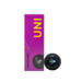 A purple box of Dunlop Uni Squash Balls (3 Ball Box) stands upright next to a black Dunlop Uni Squash Ball, making it ideal for beginners or coaching sessions, all set against a white background.