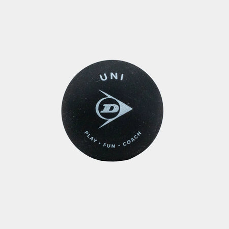 A box of three black Dunlop Uni Squash Balls, each featuring the UNI and PLAY · FUN · COACH wording and a white logo printed in white, shown against a plain white background—perfect for beginners or coaching sessions.