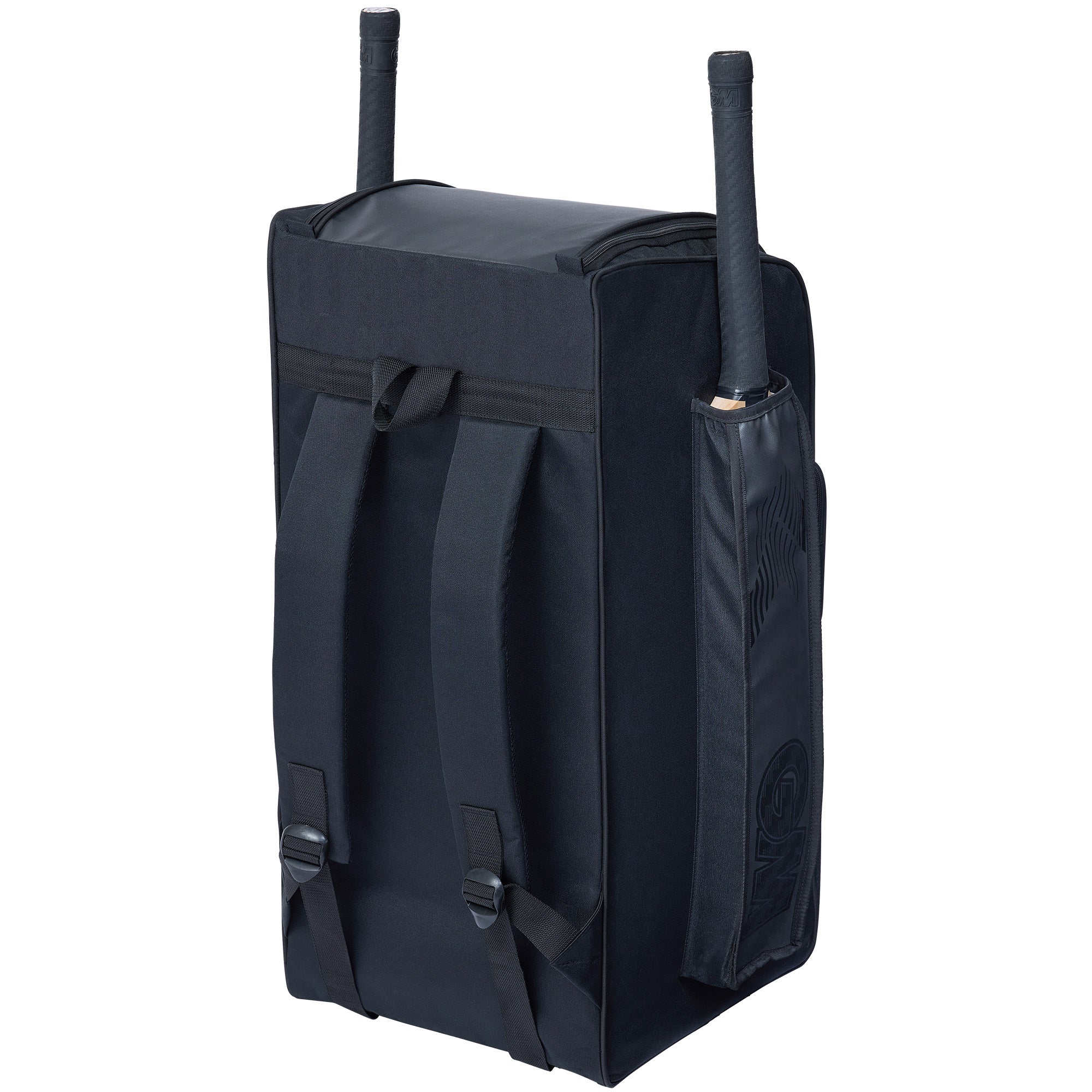 The Gunn & Moore 707 Duffle 2026, a durable black equipment backpack from Gunn & Moore, features shoulder straps and upright side pockets for two baseball bats—perfect for junior players.