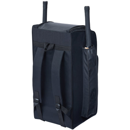 The Gunn & Moore 707 Duffle 2026, a durable black equipment backpack from Gunn & Moore, features shoulder straps and upright side pockets for two baseball bats—perfect for junior players.