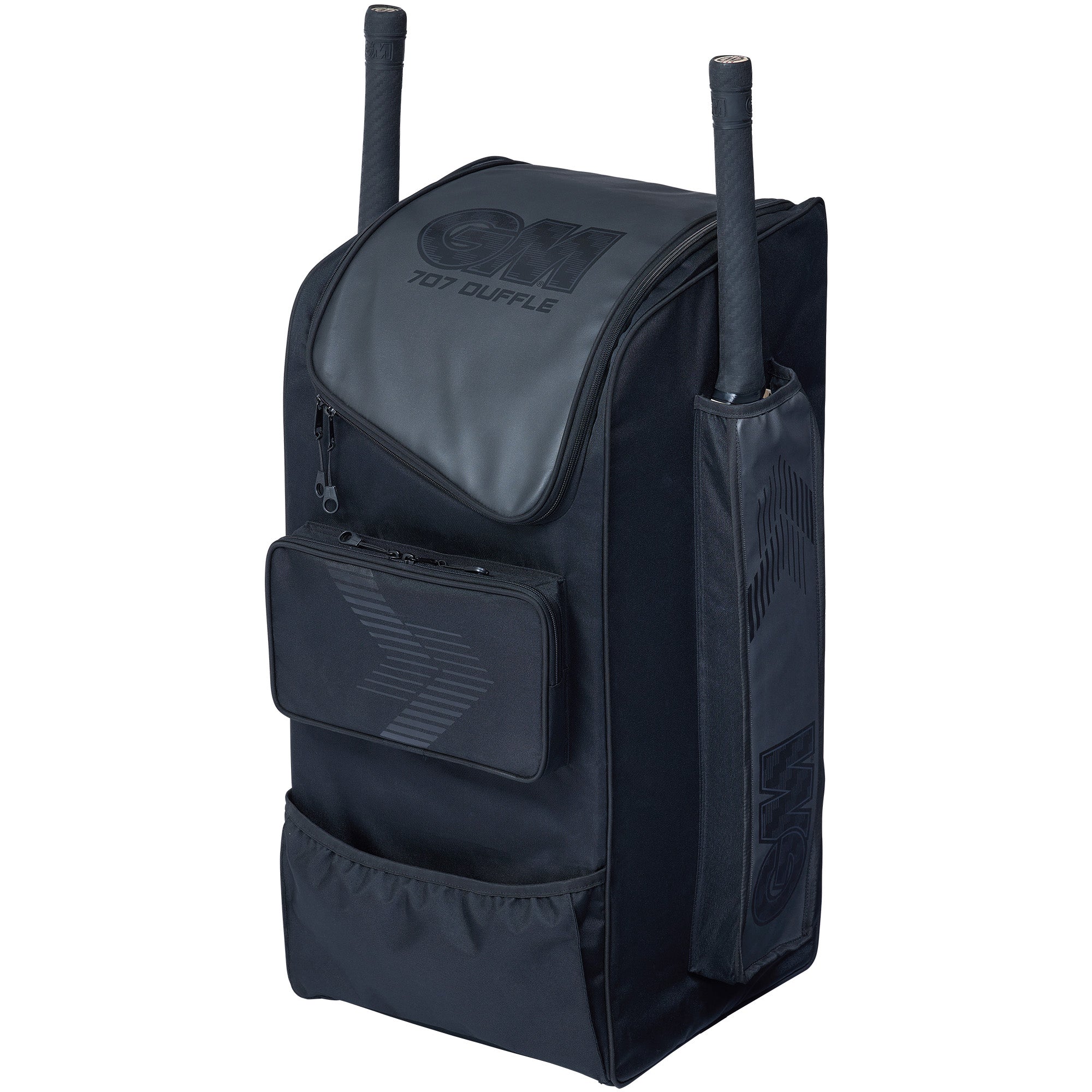 The Gunn & Moore 707 Duffle 2026 is a black kit bag with durable construction, zippered pockets, side compartments, GM logo on the front, and space for two cricket bats—perfect for junior players.