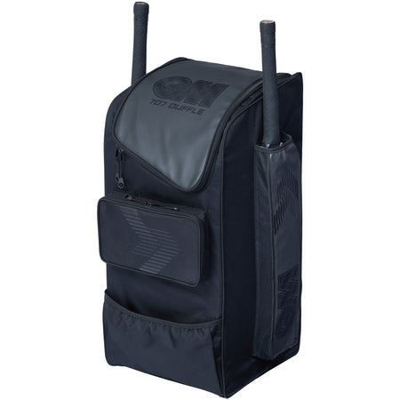 The Gunn & Moore 707 Duffle 2026 is a black kit bag with durable construction, zippered pockets, side compartments, GM logo on the front, and space for two cricket bats—perfect for junior players.