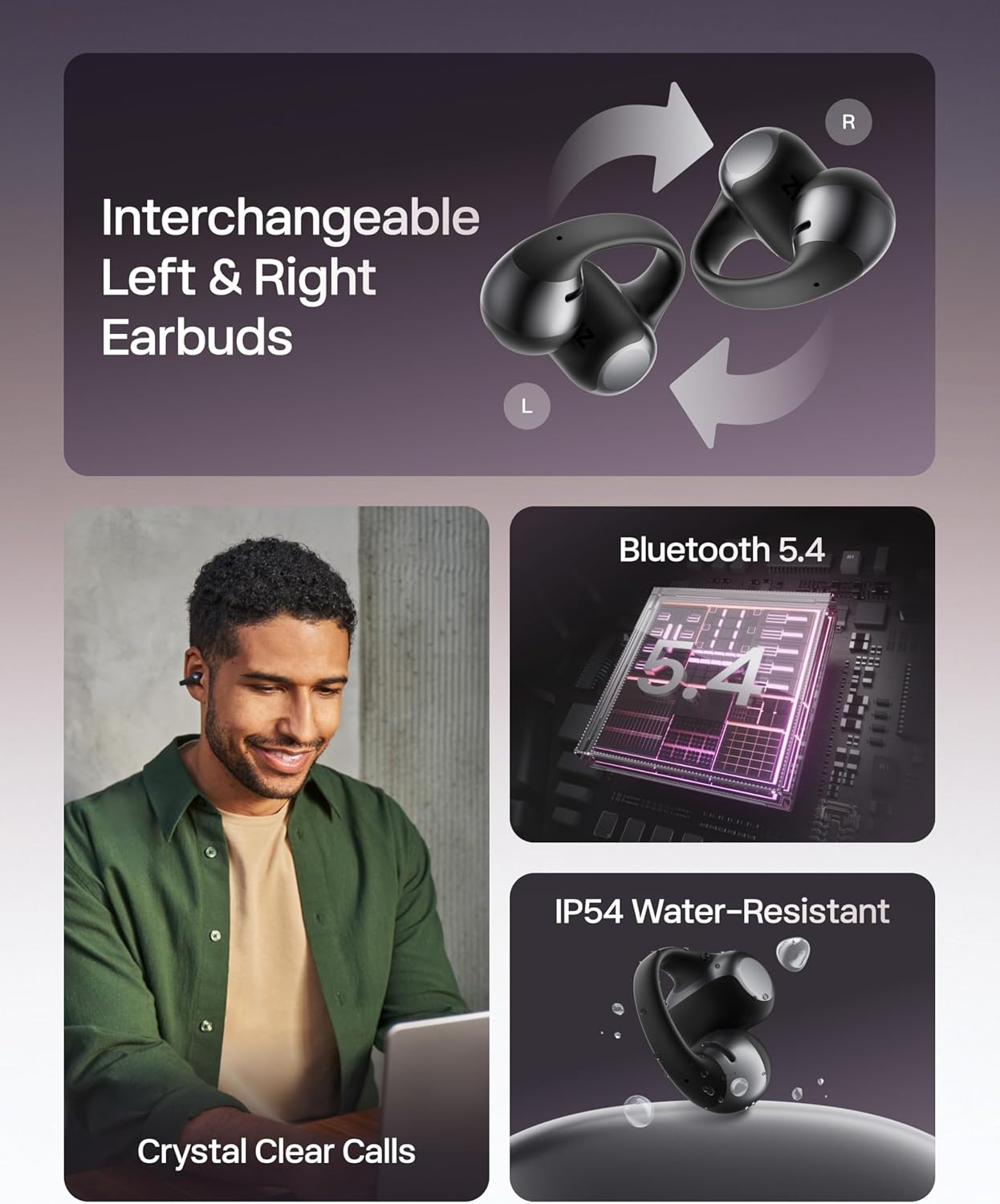 A promotional graphic for Shokz OpenDots One by Shokz showcases interchangeable left/right earbuds, Bluetooth 5.4, IP54 water resistance, and crystal clear calls, featuring a man wearing the open-ear earbuds while using a laptop.