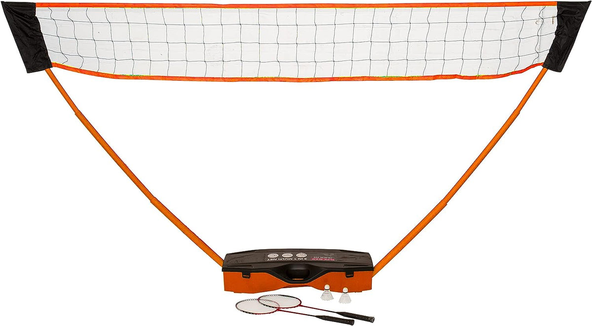 The Sure Shot Quick Fit 3 in 1 Garden Games set by Sure Shot offers a portable net with an orange base, two rackets, and two shuttlecocks for easy tennis, badminton, or volleyball play—base stores all components for convenient use.