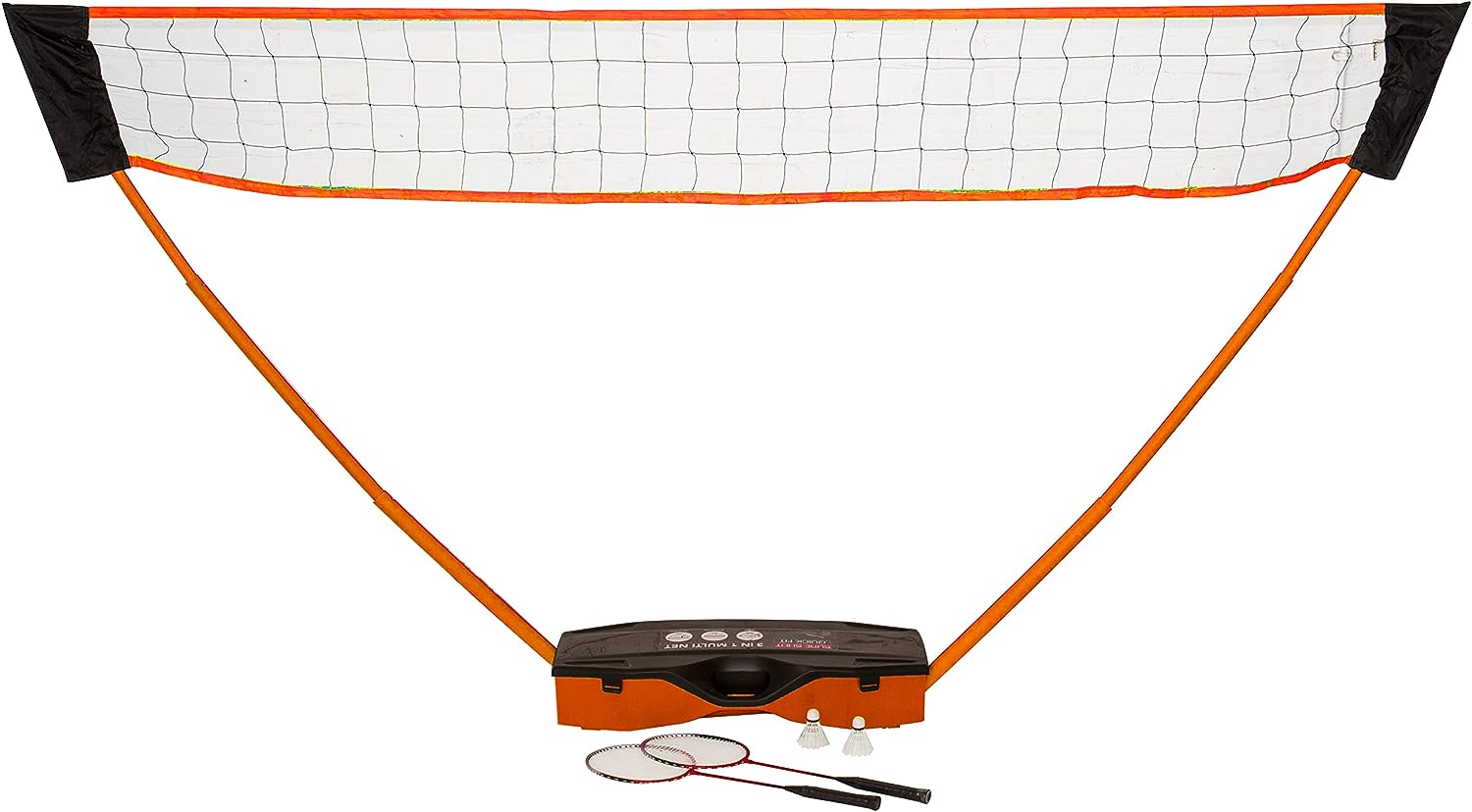 The Sure Shot Quick Fit 3 in 1 Garden Games set by Sure Shot offers a portable net with an orange base, two rackets, and two shuttlecocks for easy tennis, badminton, or volleyball play—base stores all components for convenient use.