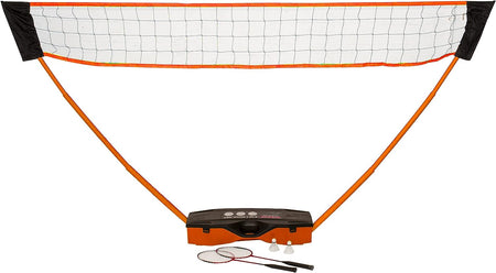 The Sure Shot Quick Fit 3 in 1 Garden Games set by Sure Shot offers a portable net with an orange base, two rackets, and two shuttlecocks for easy tennis, badminton, or volleyball play—base stores all components for convenient use.