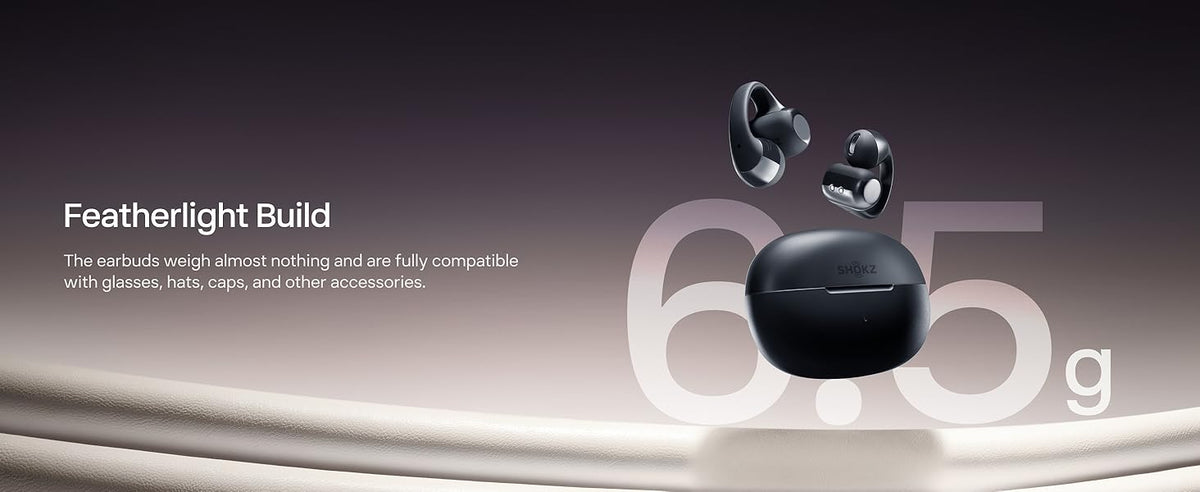 Shokz OpenDots One by Shokz are shown with their charging case above "Featherlight Build" and "6.5g." A gradient background emphasizes the earbuds’ ultra-lightweight design and immersive open-ear audio experience.