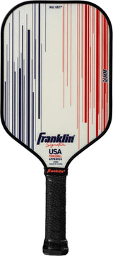 The Franklin Signature Pro Series Pickleball Paddle by Franklin features MaxGrit surface technology, a textured white face with blue and red lines, black grip, and blue logo; USA Pickleball certified for quality play.