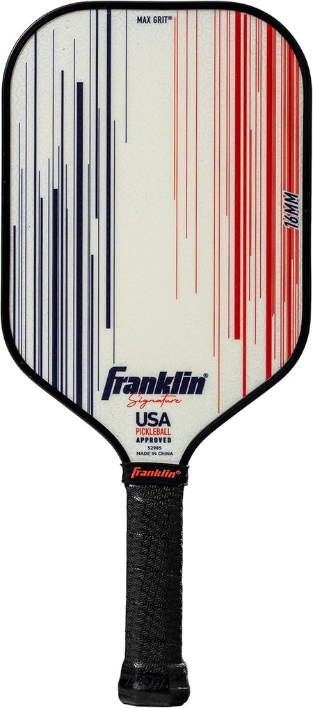The Franklin Signature Pro Series Pickleball Paddle by Franklin features MaxGrit surface technology, a textured white face with blue and red lines, black grip, and blue logo; USA Pickleball certified for quality play.