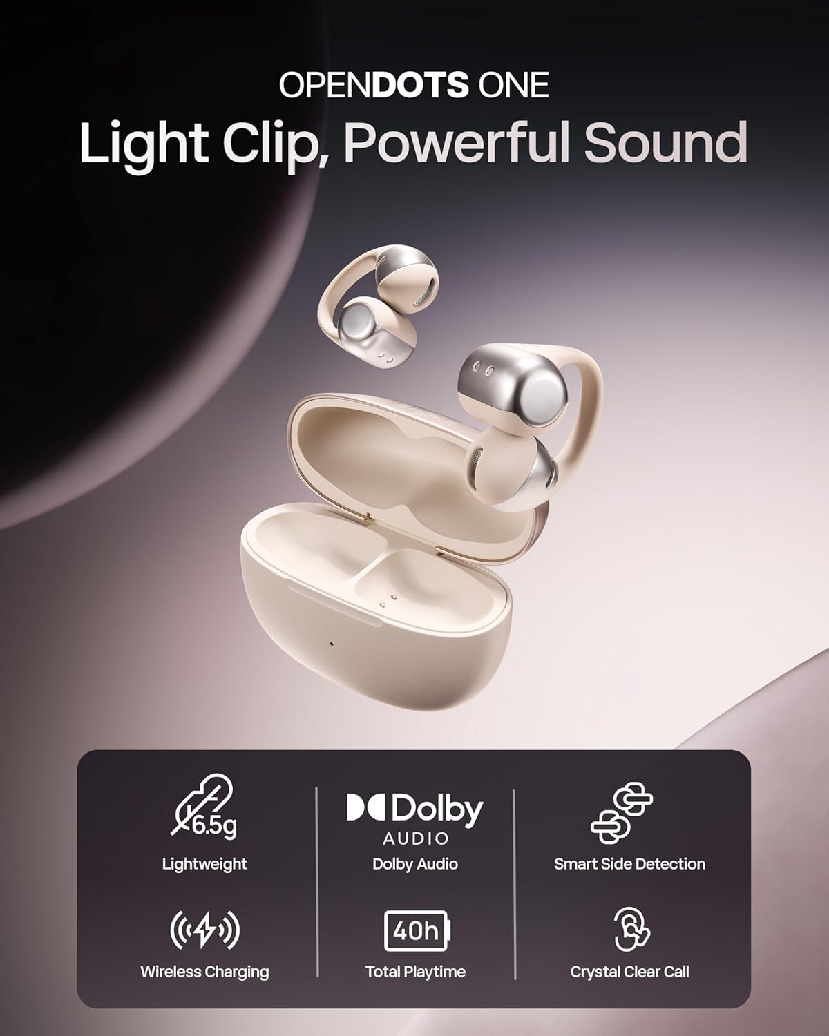Beige Shokz OpenDots One open-ear earbuds and charging case shown with text highlighting lightweight design, immersive audio, smart side detection, wireless charging, 40h playtime, and crystal-clear calls.