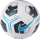 A close-up of the Nike Academy Team Football Size 5 in white and blue by Nike, featuring geometric patterns and a blue swoosh—ideal for team training and elite performance sessions.