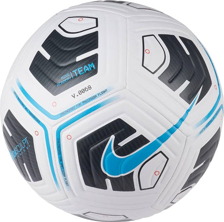 A close-up of the Nike Academy Team Football Size 5 in white and blue by Nike, featuring geometric patterns and a blue swoosh—ideal for team training and elite performance sessions.