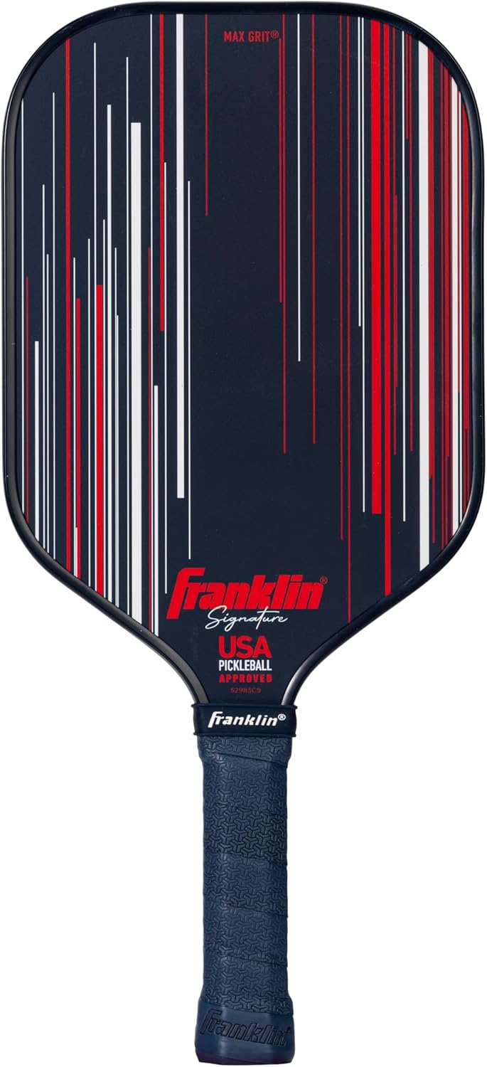 The Franklin Signature Pro Series Pickleball Paddle in navy features MaxGrit surface technology and bold Franklin branding on its face, along with USA Pickleball certification.